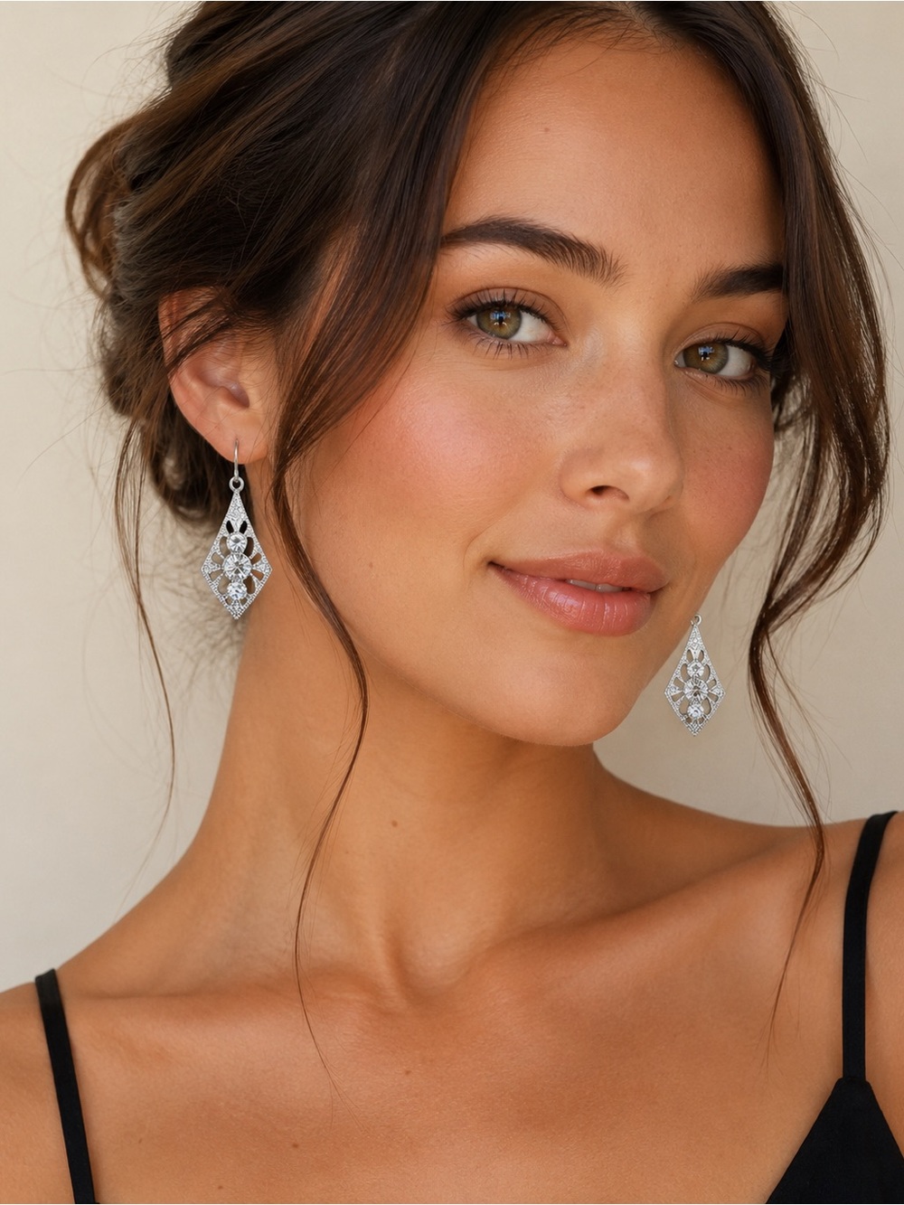 Silver Filigree Drop Earrings with Crystal Accent